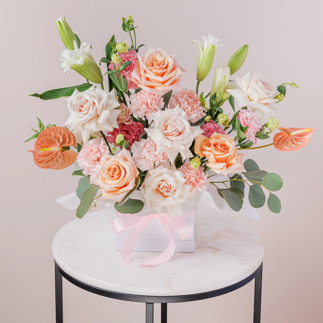 Blushing Beauty Hatbox with Roses, Rose Lilies &amp; Carnations