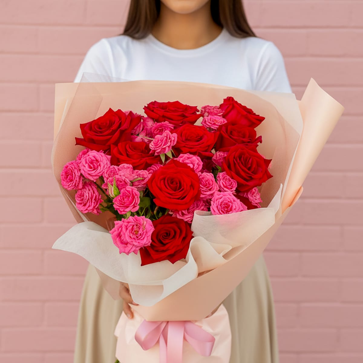 A beautiful mix of classic red roses and sweet pink spray roses for Valentine&